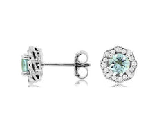 ESTATE .85CT DIAMOND & AAA AQUAMARINE 14KT WHITE GOLD ROUND FLOWER STUD EARRINGS