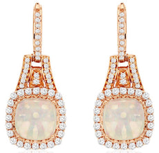 3.5CT DIAMOND & AAA OPAL 14KT ROSE GOLD 3D CUSHION & ROUND SQUARE HALO EARRINGS