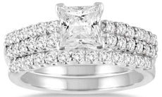 1.80CT DIAMOND 14KT WHITE GOLD 3D PRINCESS CUT & ROUND CLASSIC WEDDING RING SET