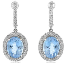 5.71CT DIAMOND & AAA AQUAMARINE 14KT WHITE GOLD 3D OVAL & ROUND HANGING EARRINGS