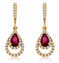 ESTATE .70CT DIAMOND & AAA RUBY 14KT YELLOW GOLD 3D TEAR DROP HANGING EARRINGS