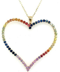 3.72CT AAA MULTI COLOR SAPPHIRE 18KT YELLOW GOLD OPEN HEART RAINBOW LOVE PENDANT