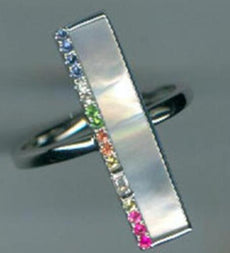 1.95CT DIAMOND & AAA MULTI COLOR SAPPHIRE & MOTHER OF PEARL 14KT WHITE GOLD RING