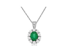 .55CT DIAMOND & AAA EMERALD 14KT WHITE GOLD OVAL & ROUND FLOWER FLOATING PENDANT
