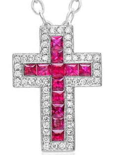 1.67CT DIAMOND & AAA RUBY 14K WHITE GOLD PRINCESS & ROUND CROSS FLOATING PENDANT