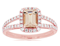 1.4CT DIAMOND & AAA MORGANITE 14KT ROSE GOLD EMERALD CUT & ROUND ENGAGEMENT RING