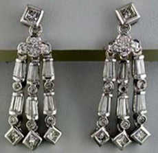 ESTATE .78CT DIAMOND 14KT WHITE GOLD ROUND BAGUETTE & PRINCESS HANGING EARRINGS