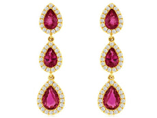2.21CT DIAMOND & AAA RUBY 14K YELLOW GOLD 3D PEAR SHAPE & ROUND HANGING EARRINGS
