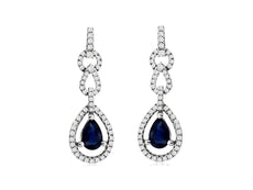 1.40CT DIAMOND & AAA SAPPHIRE 14K WHITE GOLD PEAR SHAPE & ROUND HANGING EARRINGS
