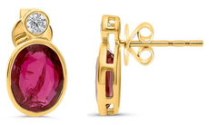 3.22CT DIAMOND & AAA RUBY 18KT YELLOW GOLD 3D OVAL & ROUND 2 STONE STUD EARRINGS