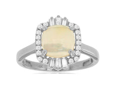 1.61CT DIAMOND & AAA OPAL 14KT WHITE GOLD CUSHION ROUND & BAGUETTE HALO FUN RING