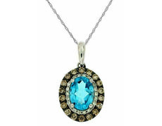 1.14CT WHITE & CHOCOLATE FANCY DIAMOND & AAA BLUE TOPAZ 14K WHITE GOLD PENDANT