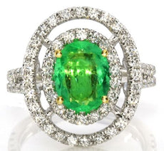 2.25CT DIAMOND & AAA EMERALD 18KT 2 TONE GOLD OVAL DOUBLE HALO ENGAGEMENT RING
