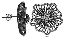 LARGE 1.45CT DIAMOND 14KT BLACK GOLD 3D ROUND FLOWER STUD EARRINGS
