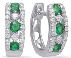 .56CT DIAMOND & AAA EMERALD 14K WHITE GOLD 5 STONE 3 ROW CLASSIC HUGGIE EARRINGS