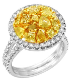 2.46CT WHITE & FANCY YELLOW DIAMOND 18K 2 TONE GOLD 3D MULTI SHAPE CIRCULAR RING