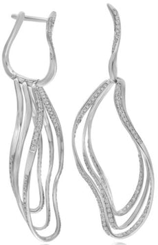 LARGE 1.48CT DIAMOND 18K WHITE GOLD 3D MULTI WAVE LEVERBACK FUN HANGING EARRINGS