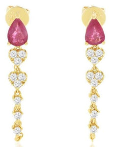 1.25CT DIAMOND & AAA RUBY 14K YELLOW GOLD 3D PEAR SHAPE & ROUND HANGING EARRINGS