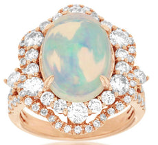 5.45CT DIAMOND & AAA OPAL 14KT ROSE GOLD 3D OVAL & ROUND FLOWER HALO LOVE RING