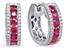 1.13CT DIAMOND & AAA RUBY 14KT WHITE GOLD CLASSIC 3 ROW HUGGIE HANGING EARRINGS