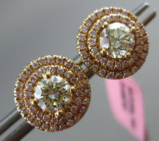 ESTATE 1.4CT PINK & FANCY YELLOW DIAMOND 18K ROSE GOLD DOUBLE HALO STUD EARRINGS