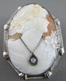 ANTIQUE LARGE .05CT DIAMOND FILIGREE LADY CAMEO 14K WHITE BROOCH & PENDANT #2096