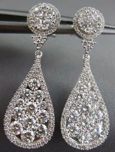 ESTATE LARGE 2.88CT DIAMOND 18K WHITE GOLD 3D CLUSTER TEAR DROP HANGING EARRINGS
