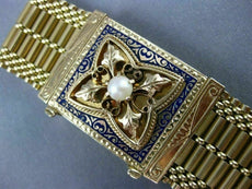 ANTIQUE WIDE BLUE ENAMEL & PEARL 14KT YELLOW GOLD BRACELET FILIGREE TASSEL #666