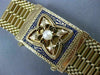 ANTIQUE WIDE BLUE ENAMEL & PEARL 14KT YELLOW GOLD BRACELET FILIGREE TASSEL #666