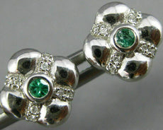 ESTATE .20CT DIAMOND & AAA EMERALD 14KT WHITE GOLD FLOWER SQUARE STUD EARRINGS