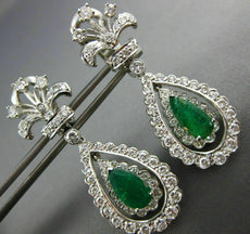 LARGE 3.70CT DIAMOND & AAA EMERALD 14KT WHITE GOLD 3D TEAR DROP HANGING EARRINGS