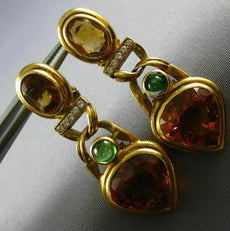 ESTATE LARGE 14.10CT DIAMOND & CITRINE EMERALD 18KT YELLOW GOLD HANGING EARRINGS