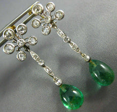 ANTIQUE 3.20CT DIAMOND & AAA EMERALD 14KT 2 TONE GOLD 3D FLOWER HANGING EARRINGS