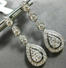 ESTATE 1.32CT DIAMOND 14KT WHITE GOLD 3D CLUSTER TEAR DROP HALO HANGING EARRINGS
