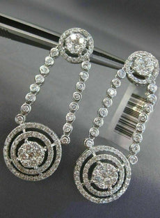 ESTATE LARGE 3.20CT DIAMOND 14K WHITE GOLD CIRCULAR DOUBLE HALO HANGING EARRINGS