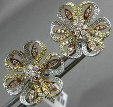 ESTATE LARGE 1.72CT DIAMOND 18KT TRI COLOR GOLD FLOWER FILIGREE CLIP ON EARRINGS