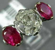 ANTIQUE 3.51CT OLD MINE DIAMOND & AAA RUBY PLATINUM THREE STONE ENGAGEMENT RING