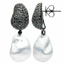 ESTATE LARGE 3.1CT BLACK DIAMOND & AAA SOUTH SEA PEARL 18KT BLACK GOLD EARRINGS
