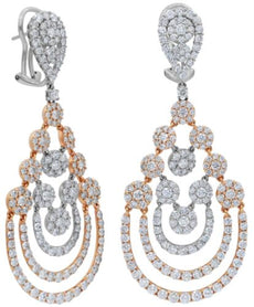 LARGE 10.59CT DIAMOND 18KT WHITE & ROSE GOLD 3D MULTI FLOWER TRIANGULAR EARRINGS