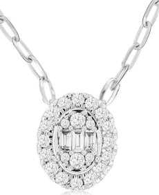 .50CT DIAMOND 14KT WHITE GOLD CLASSIC ROUND & BAGUETTE CLUSTER OVAL FUN NECKLACE