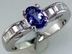 1.05CT DIAMOND & AAA TANZANITE 14K WHITE GOLD 3D OVAL & BAGUETTE ENGAGEMENT RING