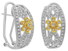 .50CT DIAMOND 14KT 2 TONE GOLD 3D FLOWER DOUBLE LEAF FILIGREE CLIP ON EARRINGS