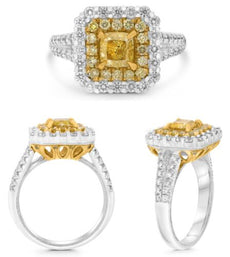 1.93CT WHITE & FANCY YELLOW DIAMOND 18KT TWO TONE GOLD 3D ROUND & CUSHION RING