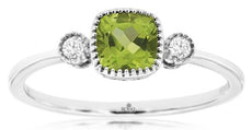 .71CT DIAMOND & AAA PERIDOT 14KT WHITE GOLD CUSHION & ROUND FILIGREE LOVE RING