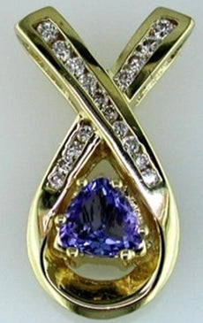 1.55CT DIAMOND & AAA TANZANITE 14KT YELLOW GOLD 3D TRILLION & ROUND LOVE PENDANT