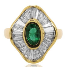2.37CT DIAMOND & AAA EMERALD 14K YELLOW GOLD OVAL & BAGUETTE BALLERINA LOVE RING