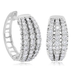 WIDE 1.08CT DIAMOND 14KT WHITE GOLD 3D ROUND 3 ROW HUGGIE HOOP HANGING EARRINGS