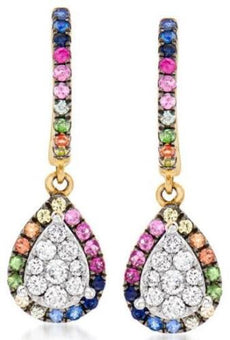 .79CT DIAMOND & AAA MULTI COLOR SAPPHIRE 14K ROSE GOLD CLUSTER HALO FUN EARRINGS