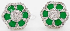 ESTATE .39CT DIAMOND & GREEN NAMEL 14KT WHITE GOLD 3D FLOWER STUD EARRINGS