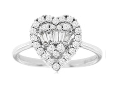 .35CT DIAMOND 14KT WHITE GOLD 3D ROUND & BAGUETTE CLUSTER DOUBLE HEART LOVE RING